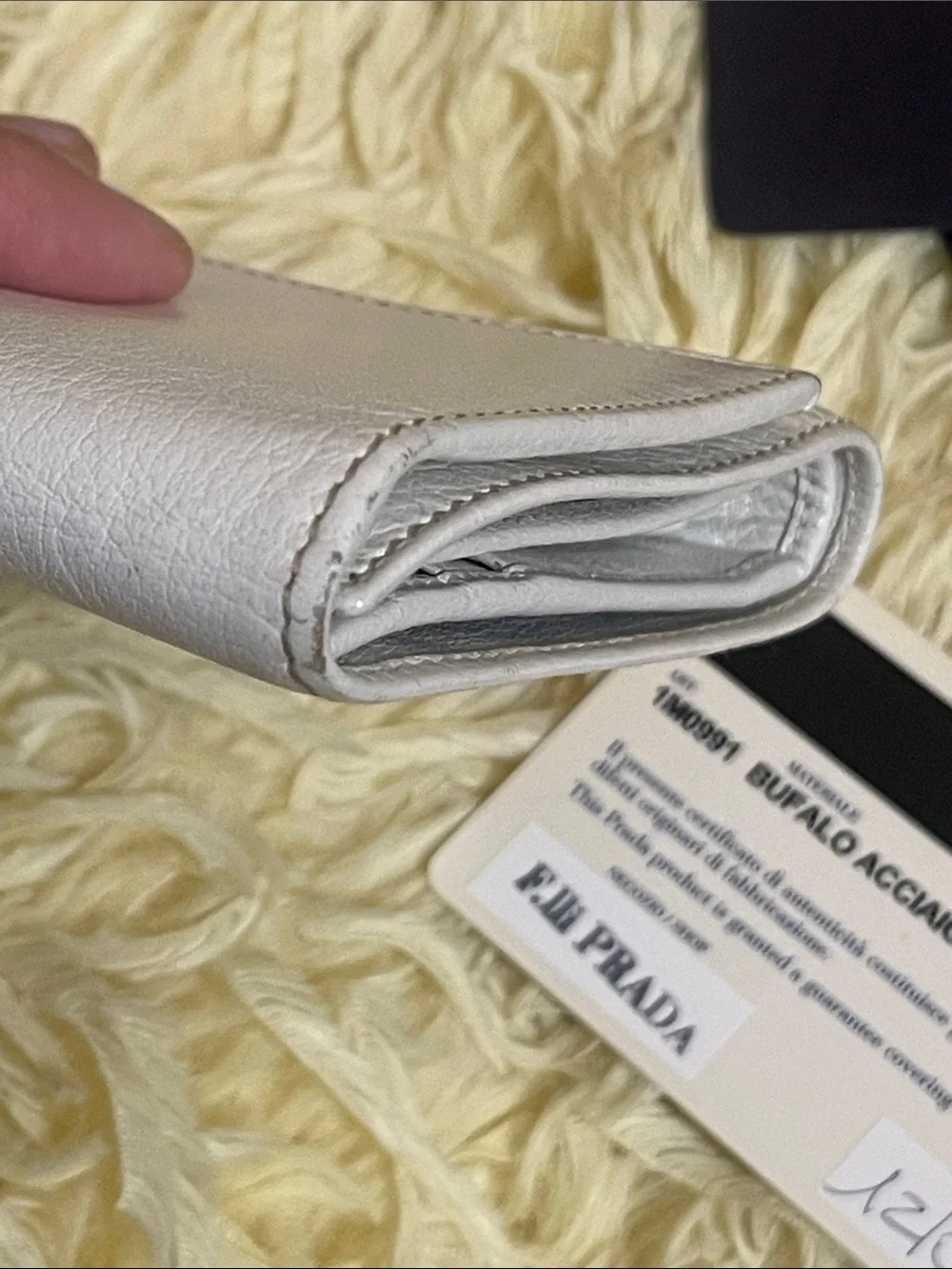 Authentic Vintage Prada Bianco Leather Flap Wallet with Silver Hardware